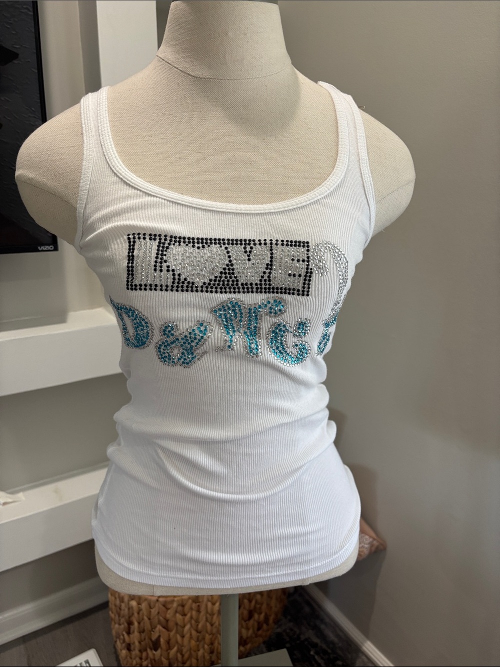 Faded Glory White Ribbed Tank with Teal and Silver Rhinestone Script